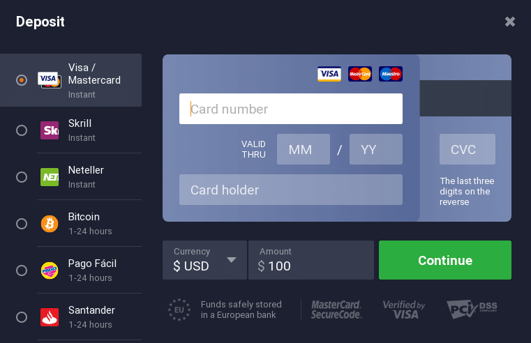 How to deposit on IQ Option with different payment methods