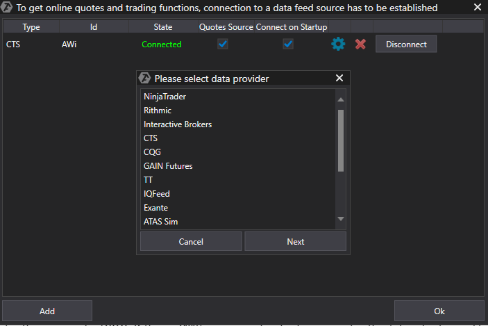 ATAS Order Flow Trading Software connection with the datafeed