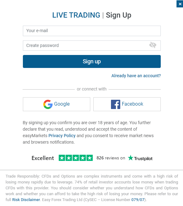 Registreer een Live-account bij easyMarkets