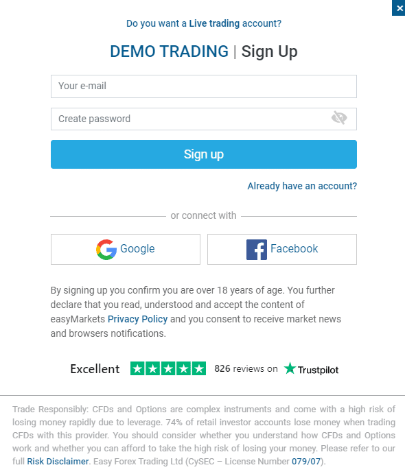 Registra un account demo gratuito con easyMarkets