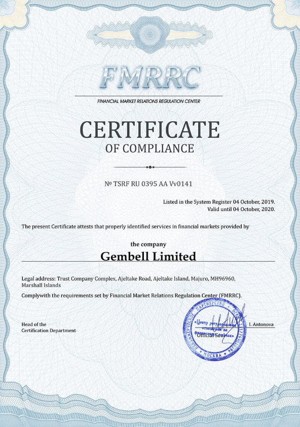 Pocket Option-regelgeving FMRRC-certificaat van overeenstemming