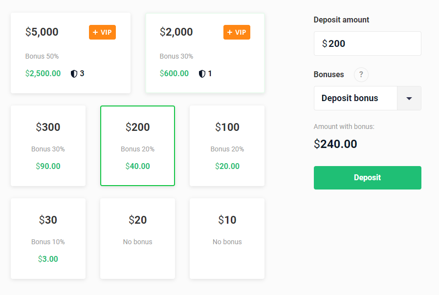 Choose the deposit amount for Olymp Trade