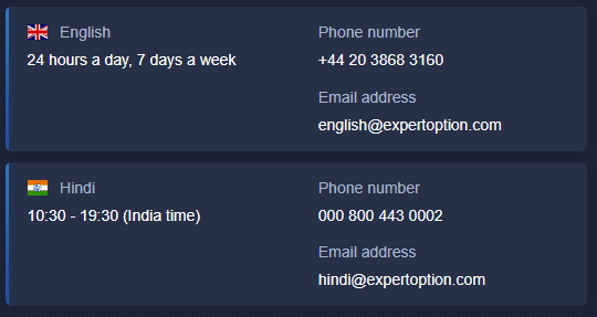 Date de contact ExpertOption