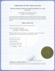 Лиценз на Комисията за финансови услуги на Британските Вирджински острови на Deriv