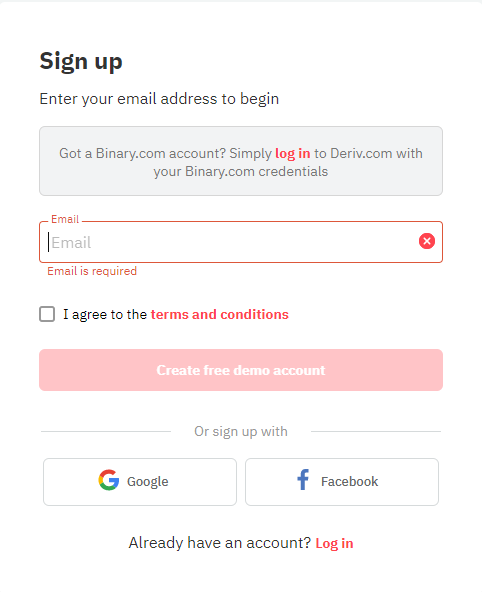 Sign up form of Deriv.com