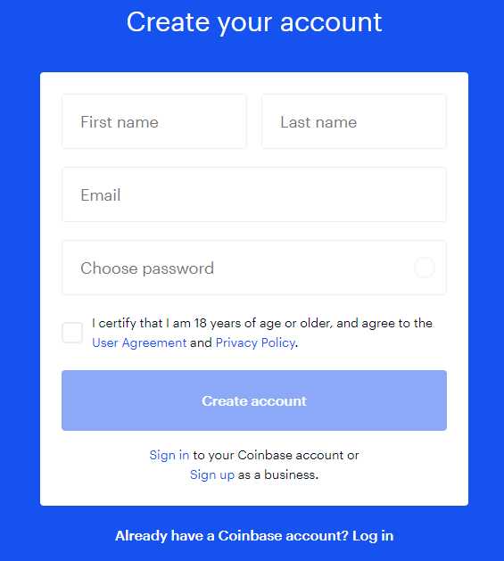 Create your account with Coinbase