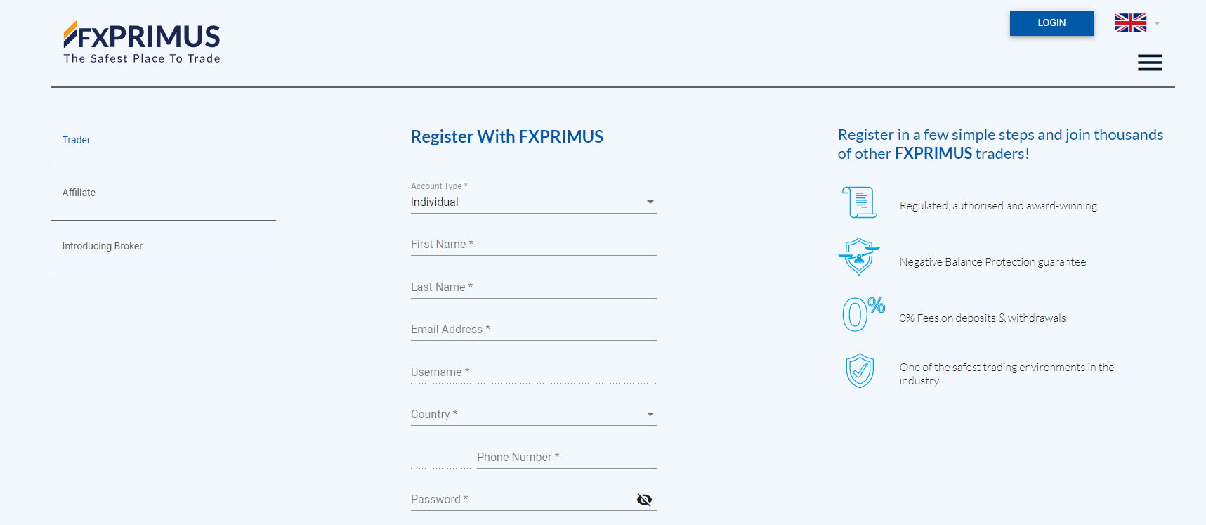 Registra il tuo account gratuito con FXPRIMUS