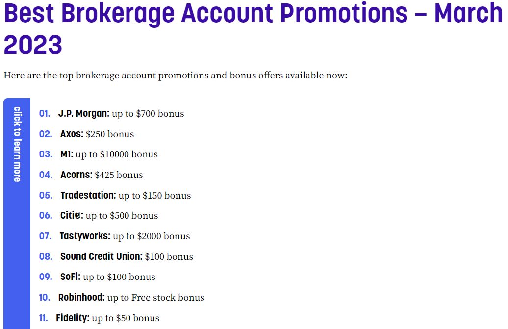 Best brokerage account promotions in 2023. Source: bankbonus.com