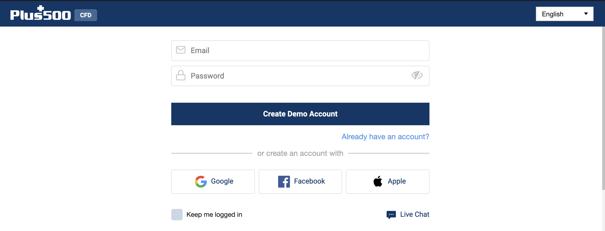 Creating a demo account in Plus500