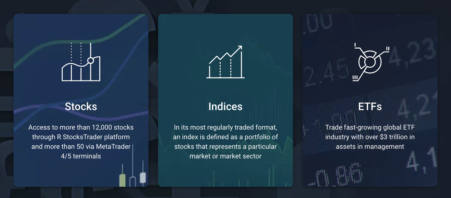RoboForex:n avulla voit käydä kauppaa osakkeilla, indekseillä ja ETF:illä