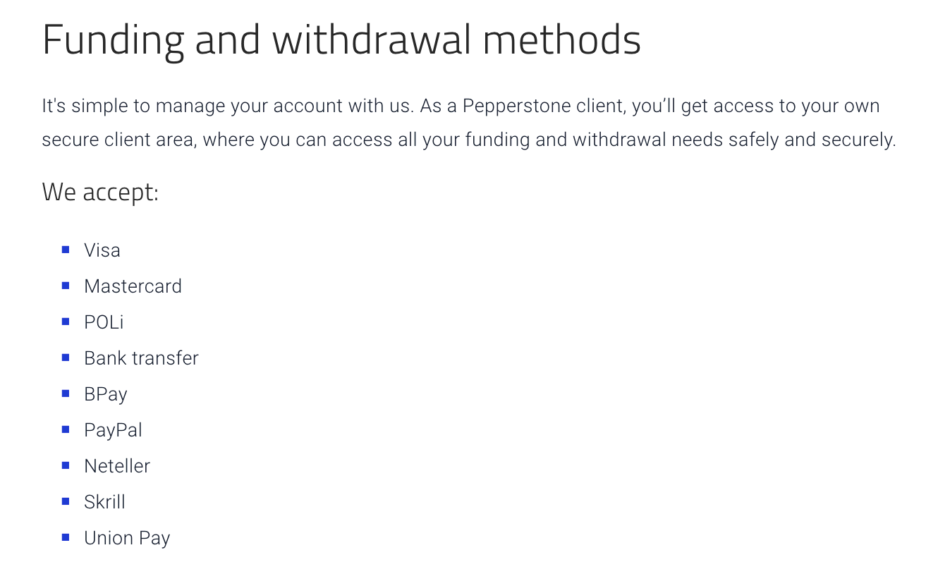 Pepperstone: Funding and withdrawal methods