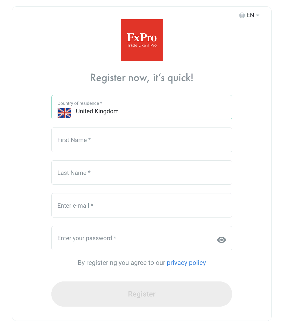The registration process of a FxPro demo account