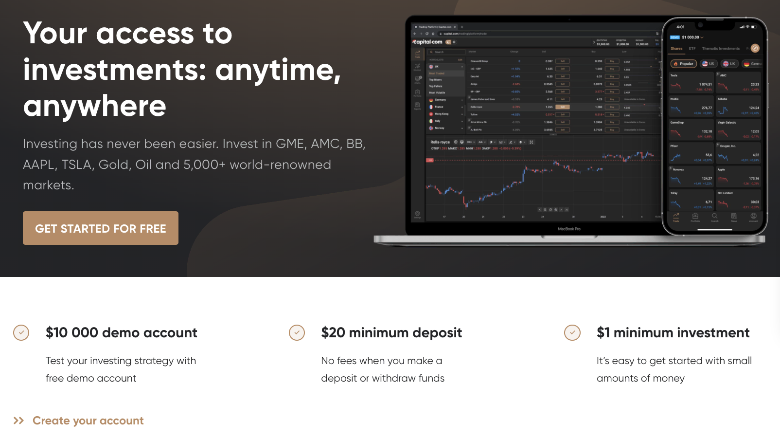 На Capital.com вы можете начать с виртуального баланса $10 000, чтобы попрактиковаться в торговле.