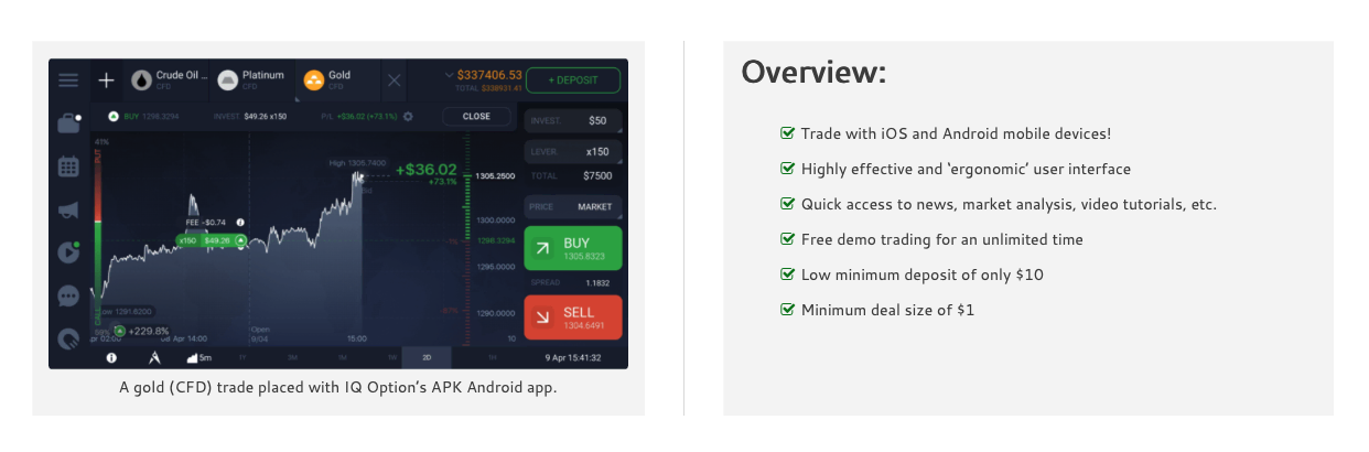 Apl mudah alih IQ Option, tersedia untuk kedua-dua peranti Android dan iOS