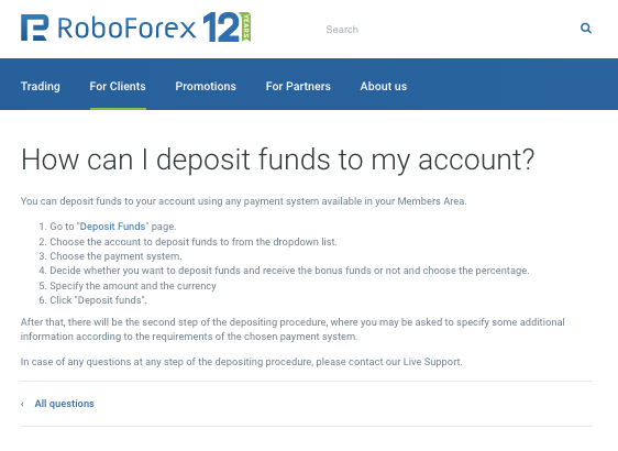 Bagaimana untuk mendepositkan dana dengan RoboForex
