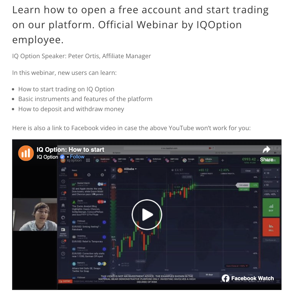 IQ Option webinar for learning forex trading