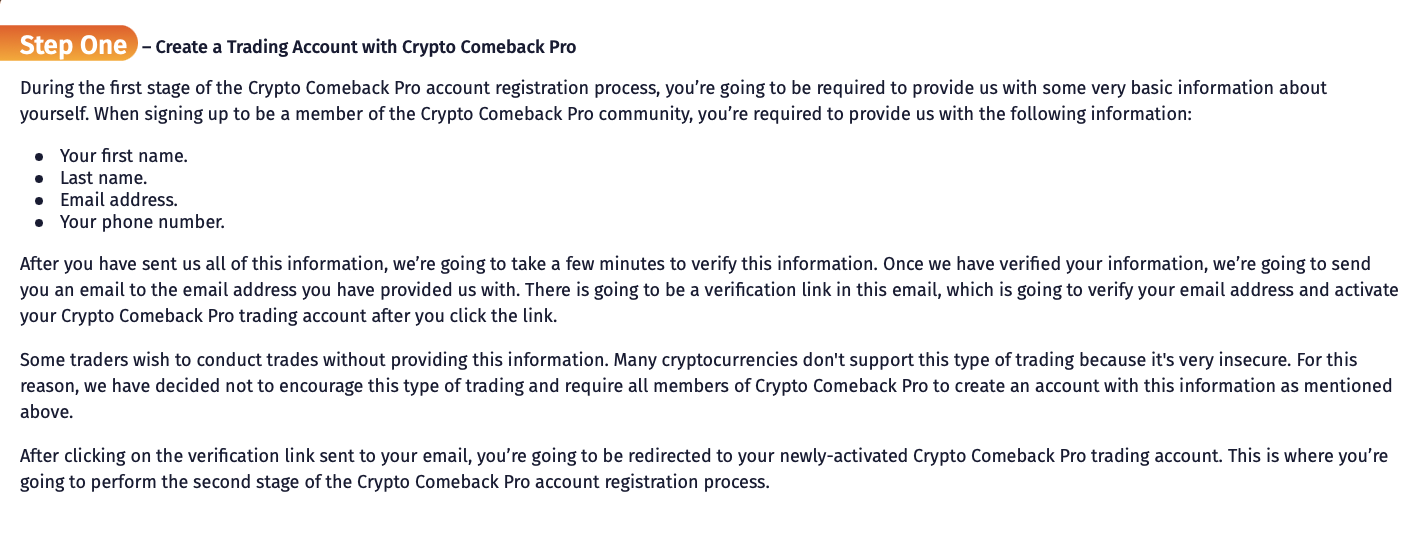 How the account opening on Crypto Comeback Pro works