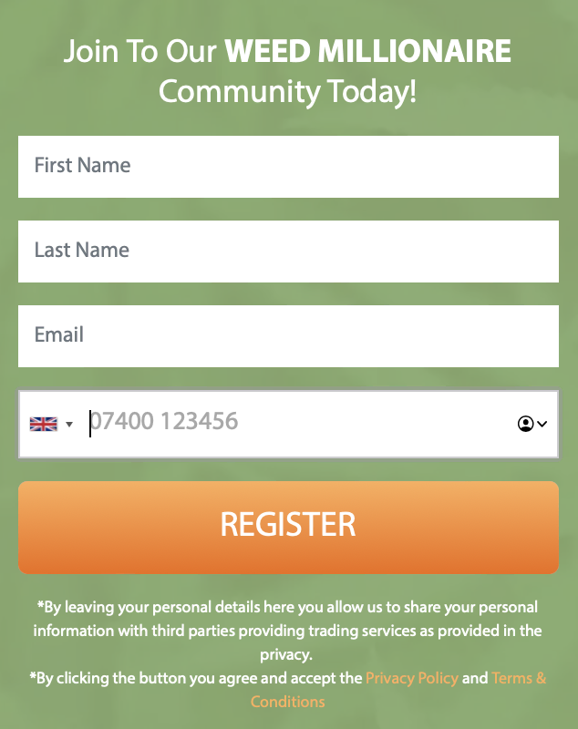 Registrační formulář trávového milionáře