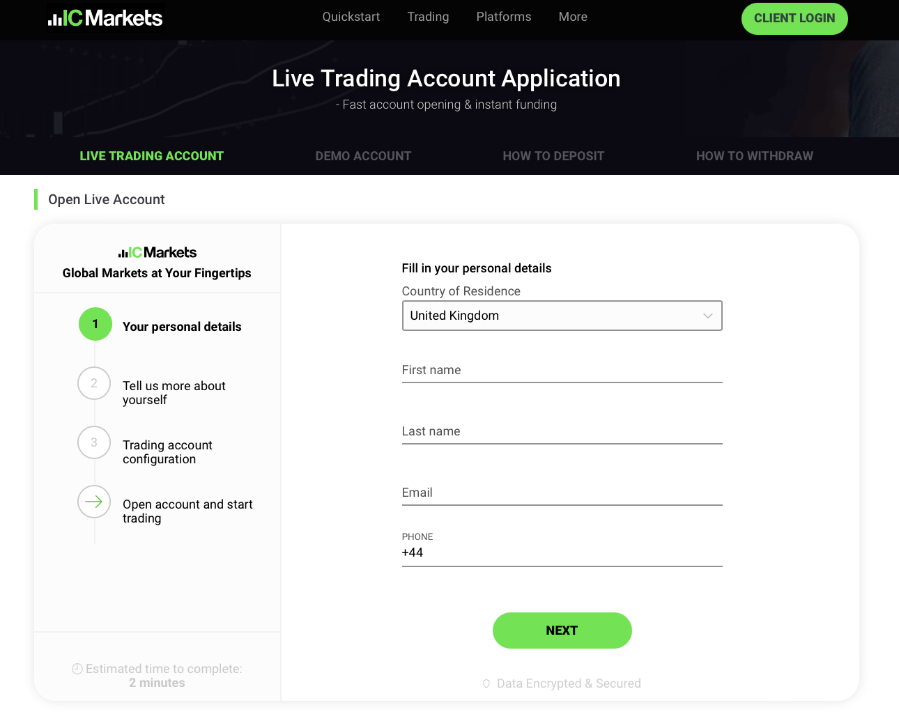 The IC Markets sign up process