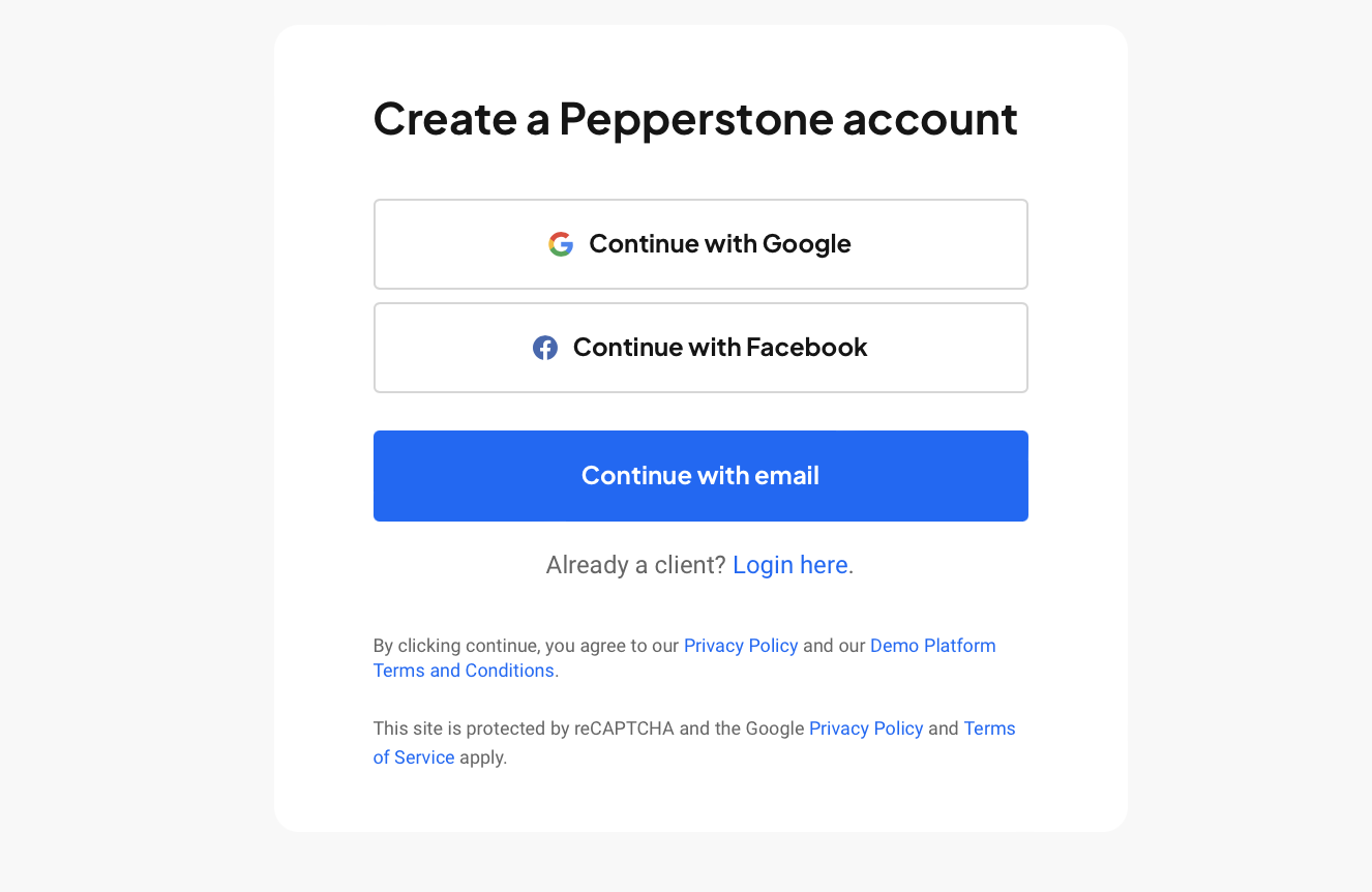 The Pepperstone demo account opening procedure and sign up form