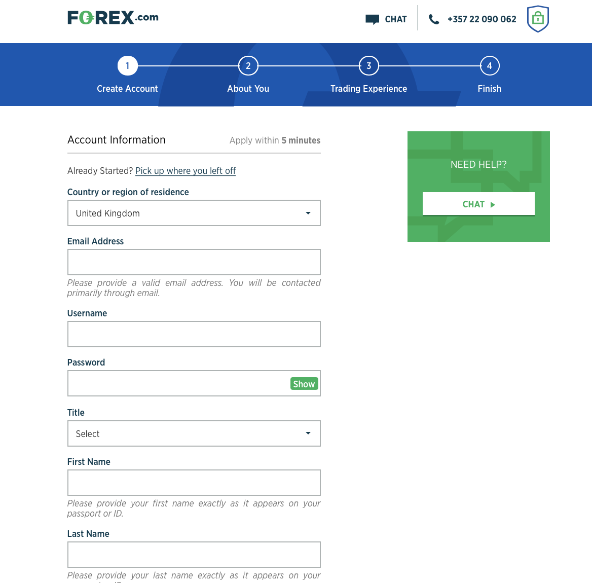 The Forex.com sign up form