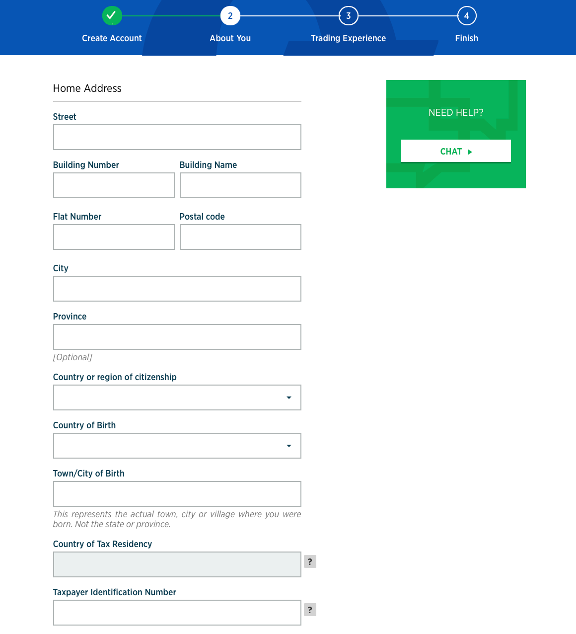 Account registration form on Forex.com