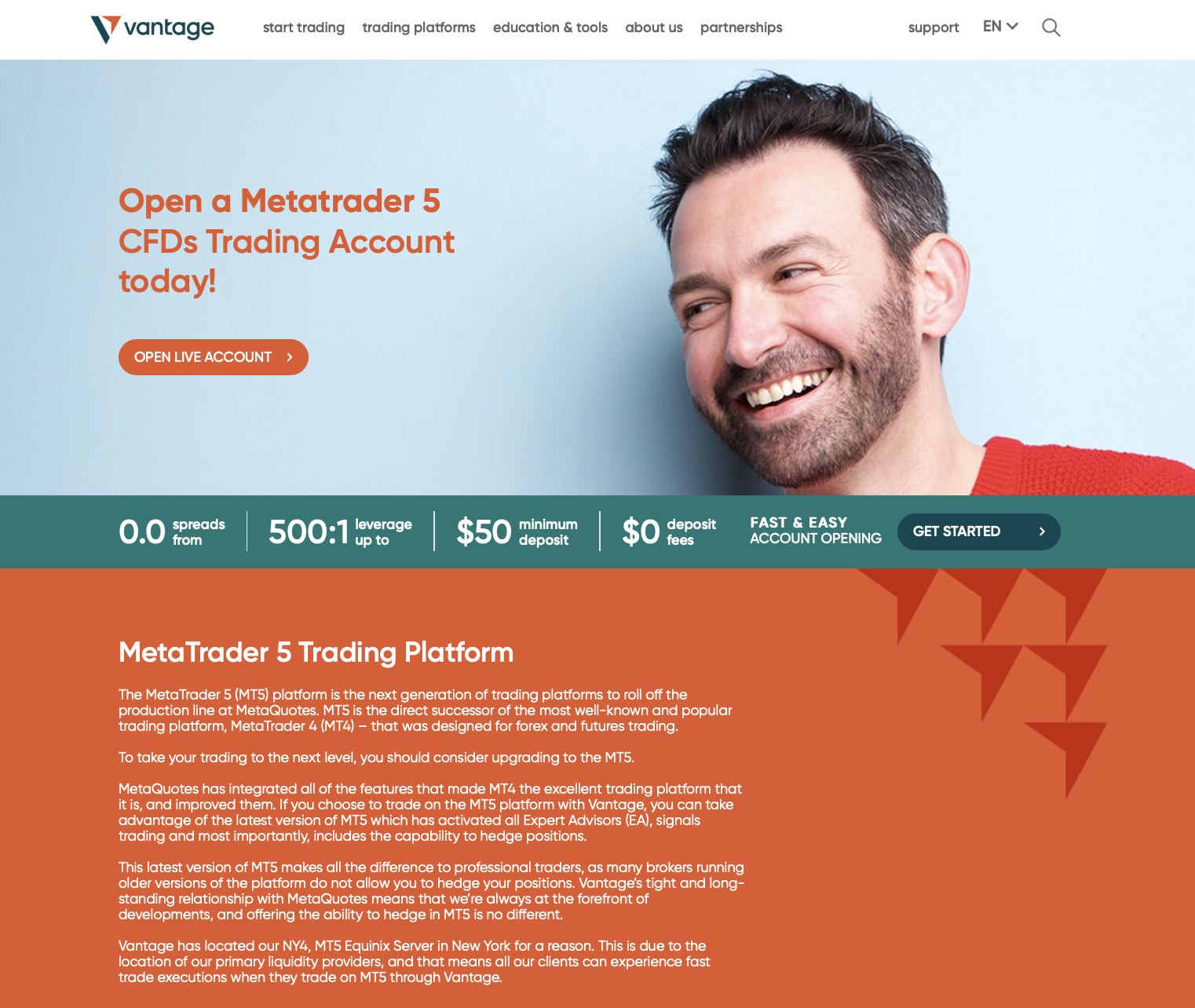 Page de destination officielle de l'offre MetaTrader 5 de Vantage Markets