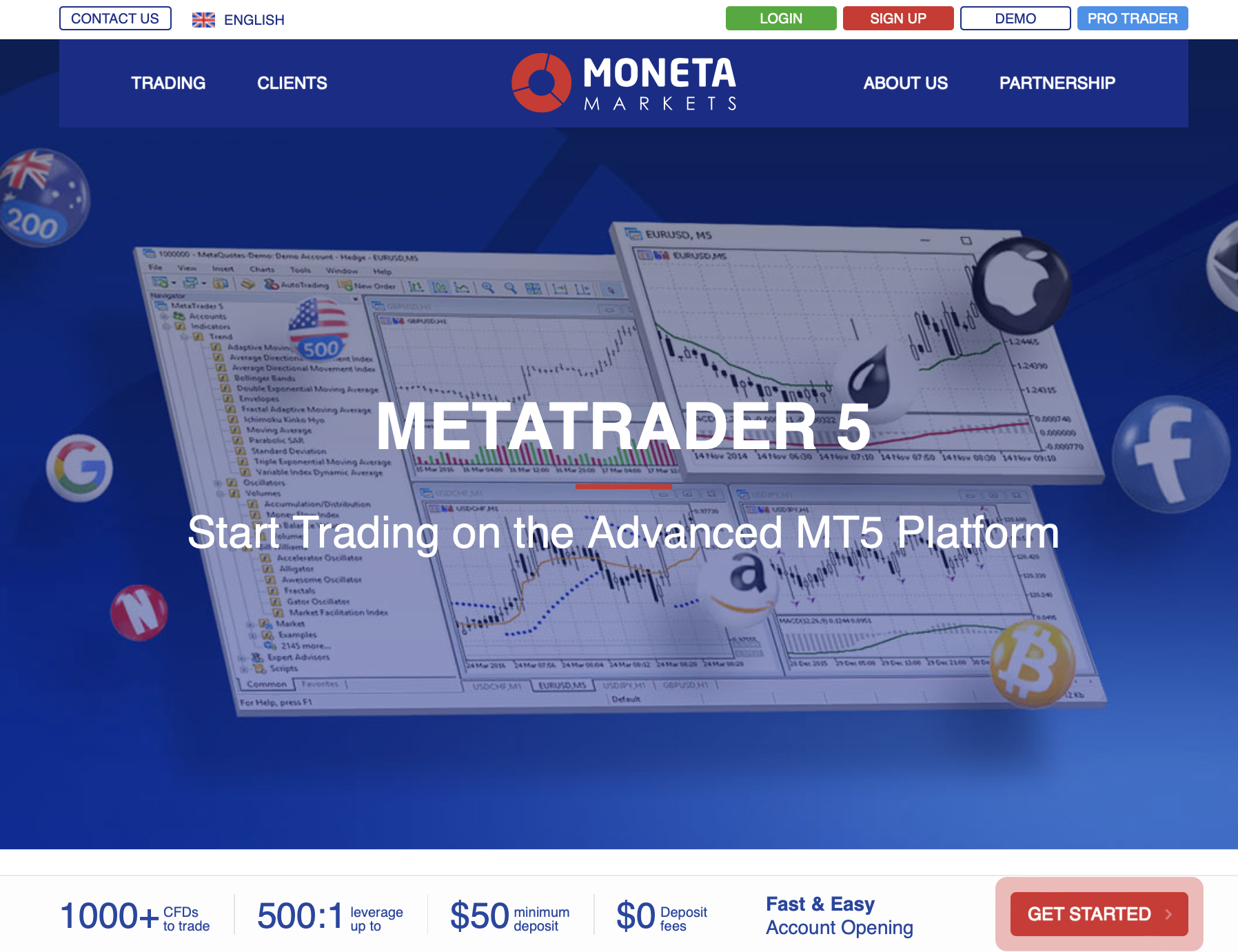 公式の Moneta Markets MetaTrader 5 ランディングページ
