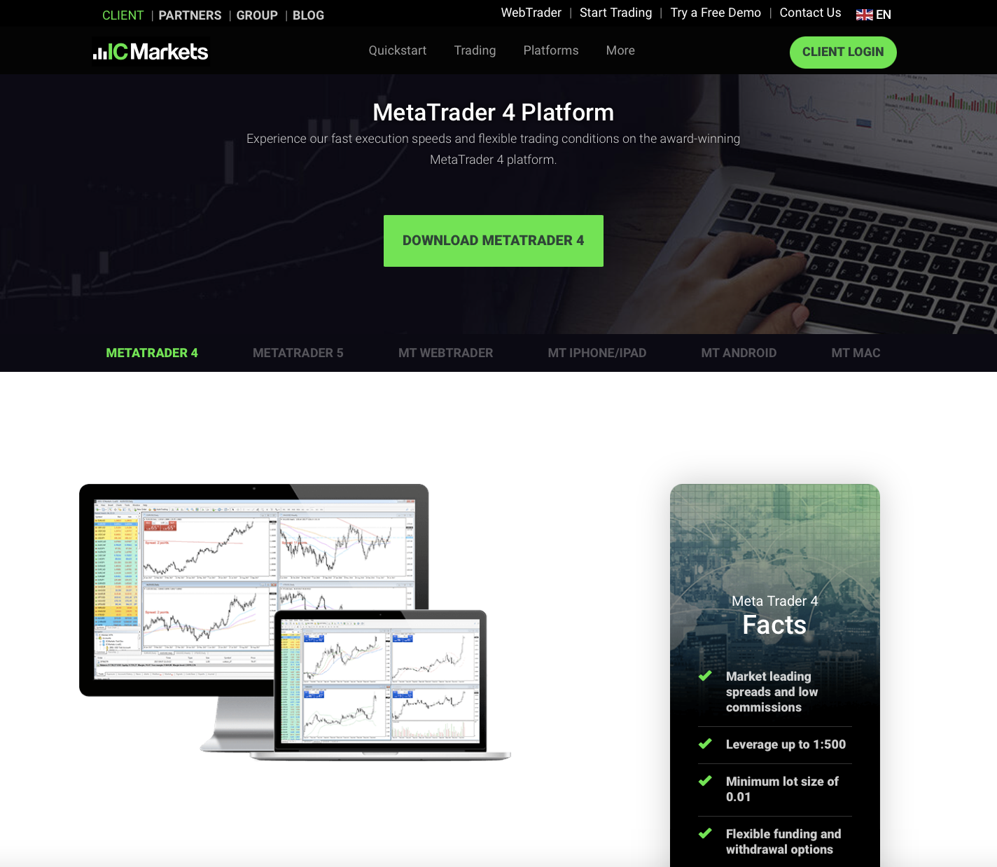 IC Markets MetaTrader 4 vstupní stránka