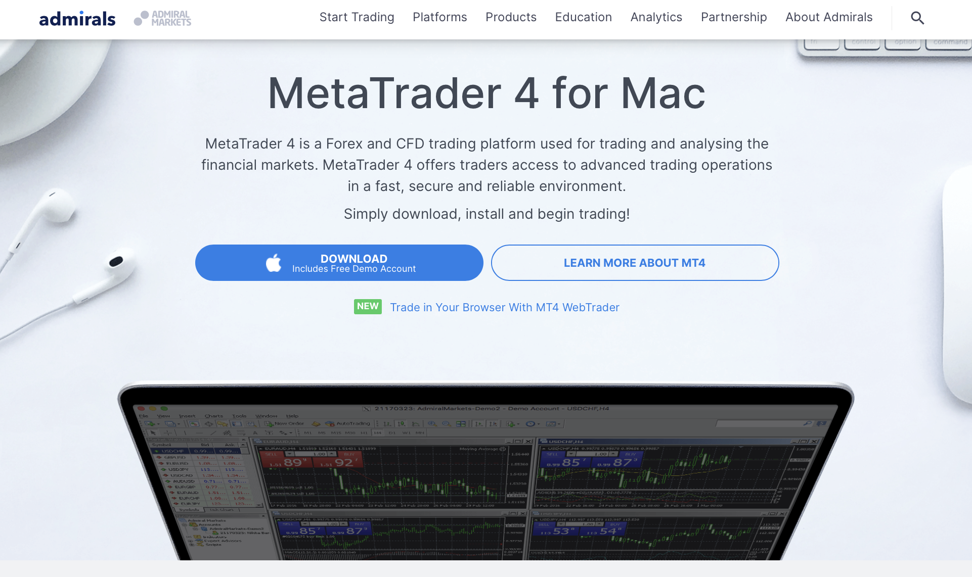 Vstupní stránka Admiral Markets MetaTrader 4 (verze pro Mac)