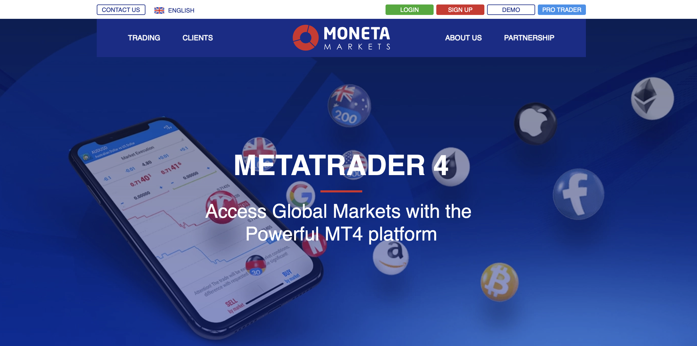 De officiële MetaTrader 4 landingspagina van Moneta Markets