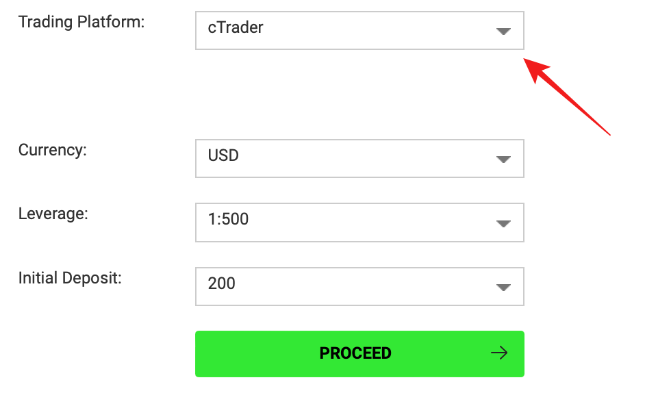 cTrader account opening form