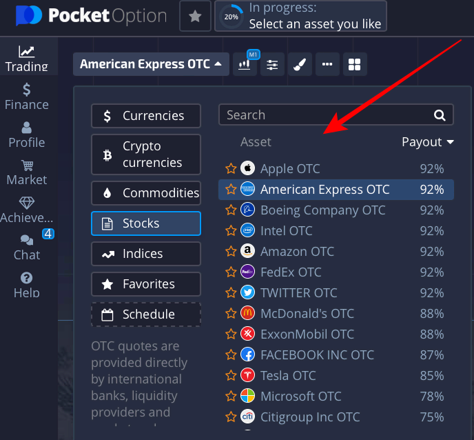 Pelbagai pilihan binari pada platform dagangan Pocket Option
