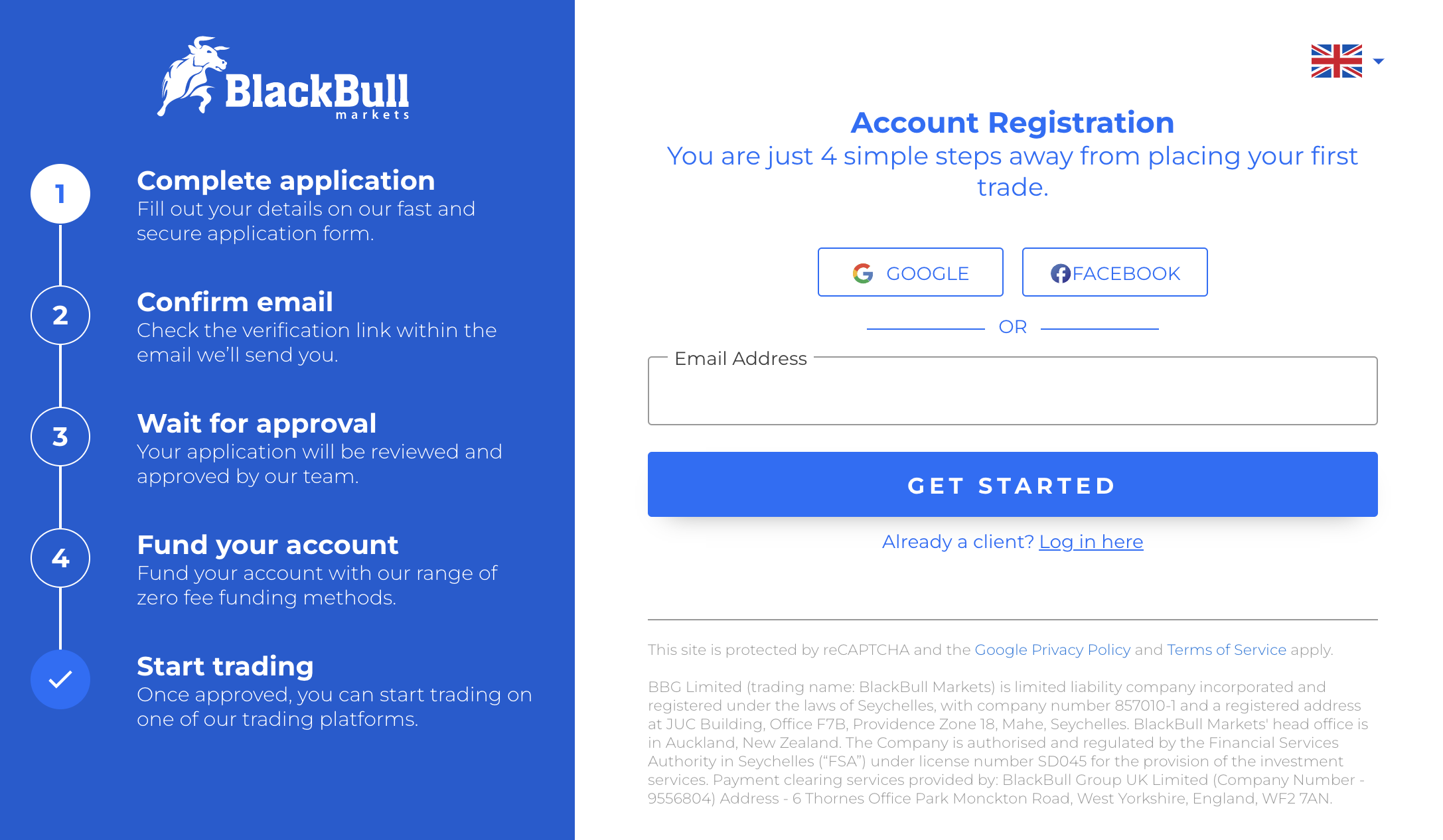 Registrační formulář účtu BlackBull Markets