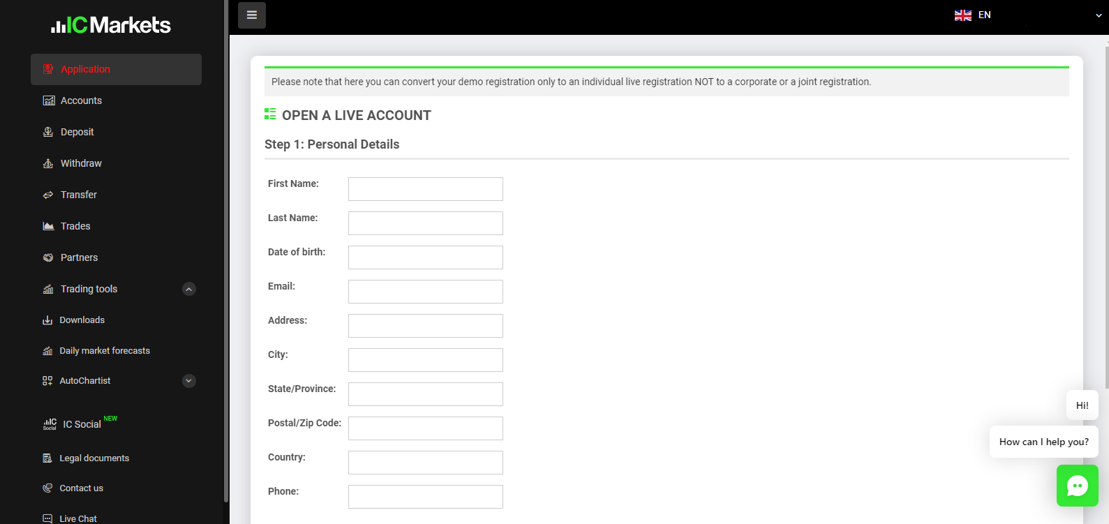 General account information you provides for the online broker