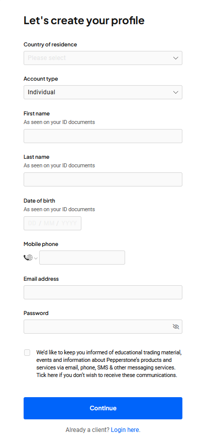 Пример за регистрационен формуляр за акаунт в pepperstone