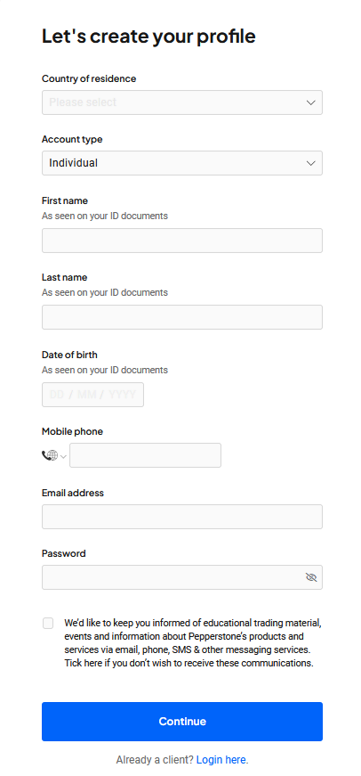 Exemplo do formulário de registro para uma conta pepperstone
