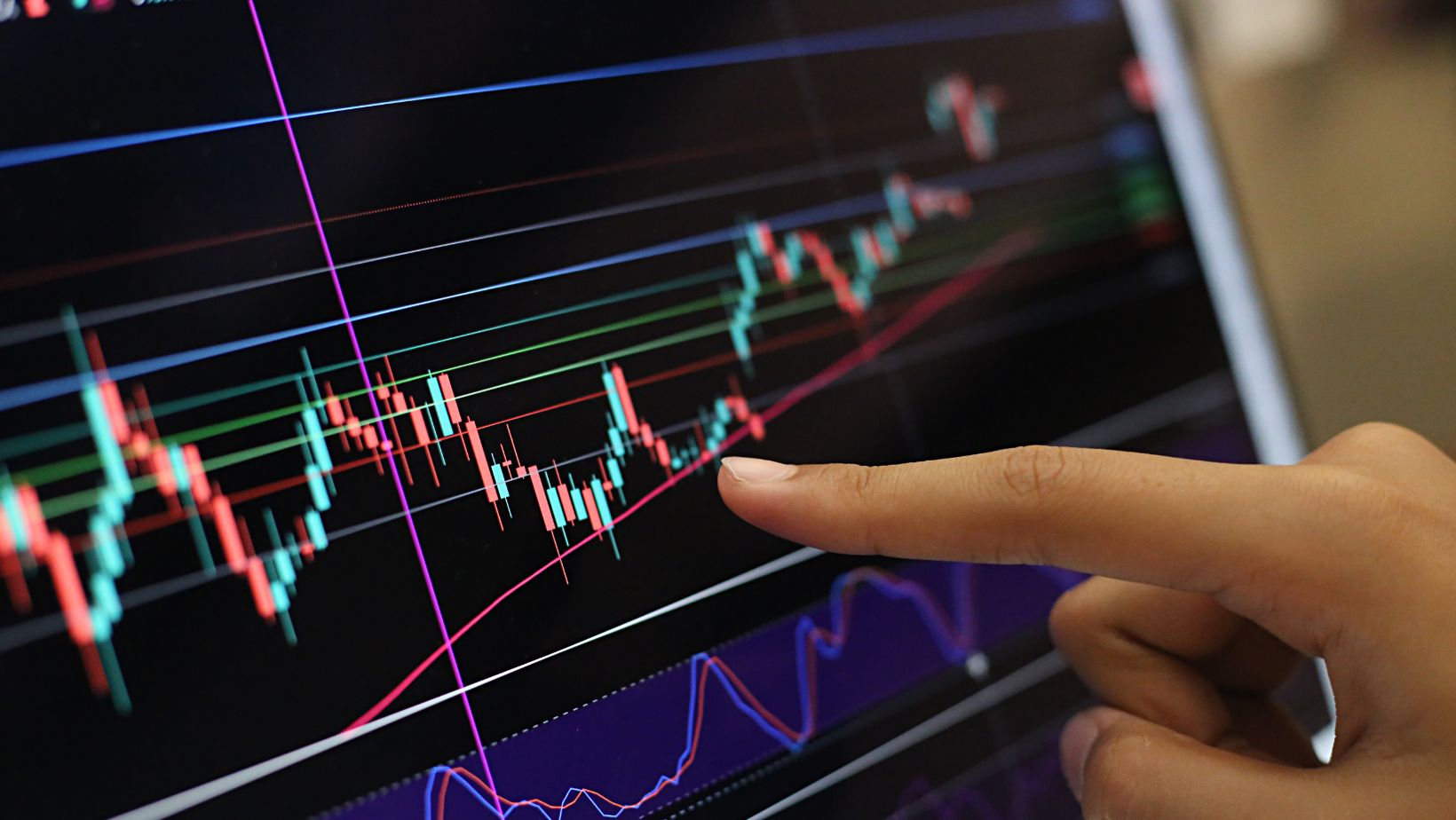 Finger on stock market trading screen