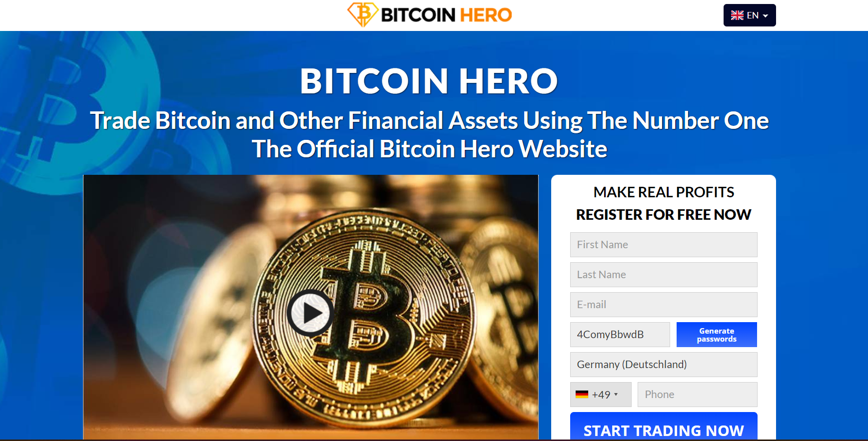 den offisielle nettsiden til Bitcoin Hero