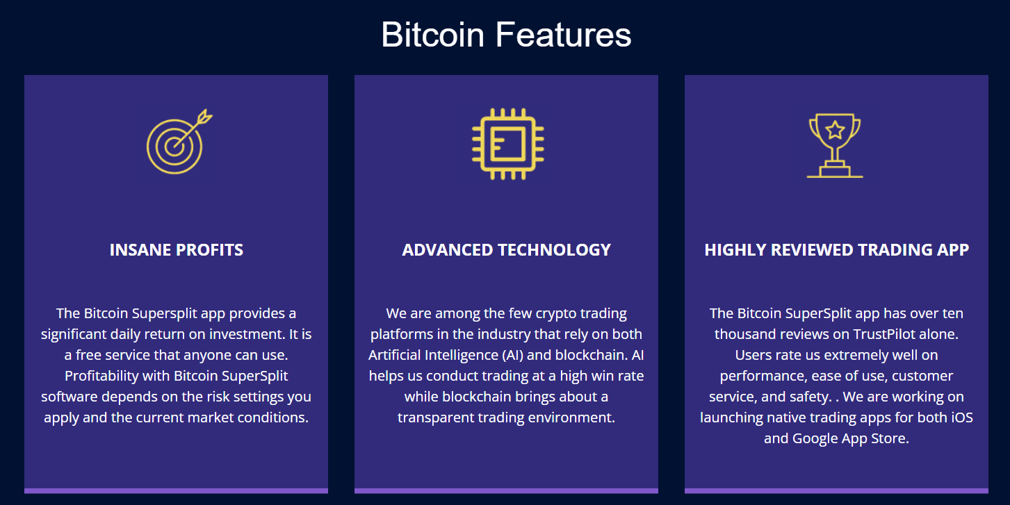 Recursos do Bitcoin apresentados no site do Bitcoin Supersplit