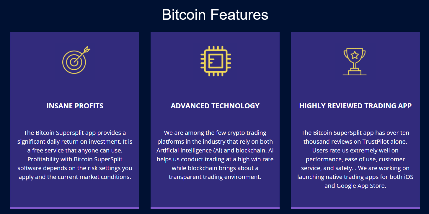 Bitcoin Features presented on the website of Bitcoin Supersplit