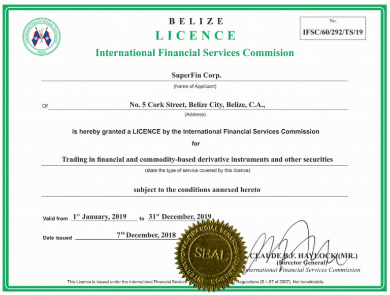 Licenční certifikát SuperForex – fotografie byla převzata z oficiálních stránek