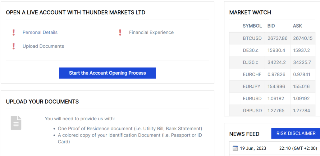 Dashboard dell'account Thunder Markets