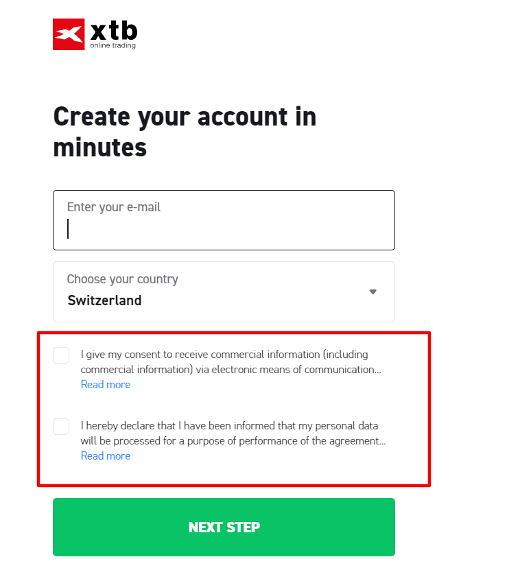 XTB e-mail sign-up