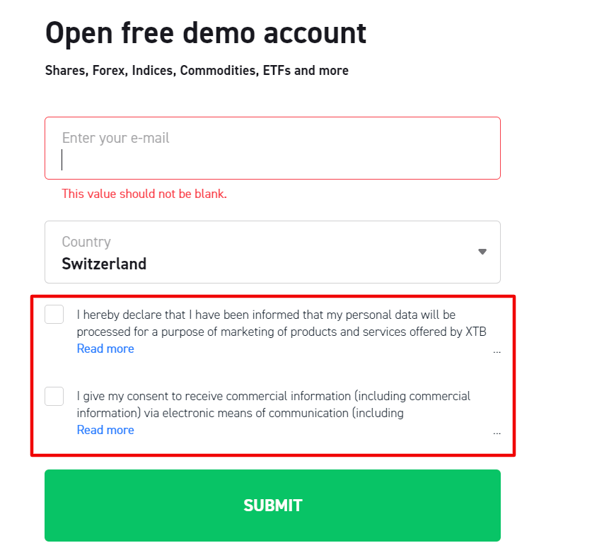 XTB demo account sign-up form 