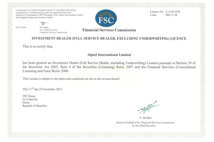 Alpari regulation Investment Dealer License by the FSC