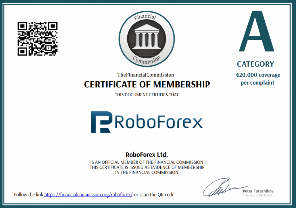 RoboForex Certificate of membership at the financial commission